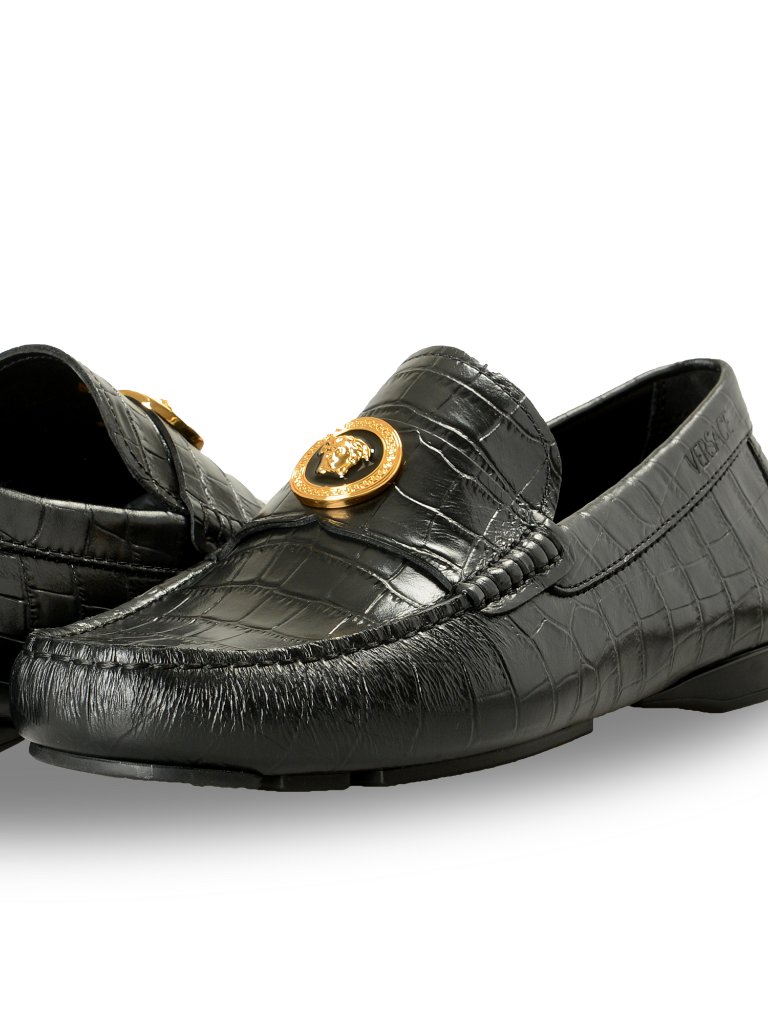 Versace Men's Black Leather Croc Print Medusa Driver Loafers Shoes Us 8 It 41